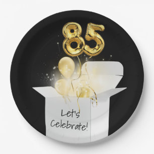 85th Birthday Gold Balloons In White Box Paper Plate