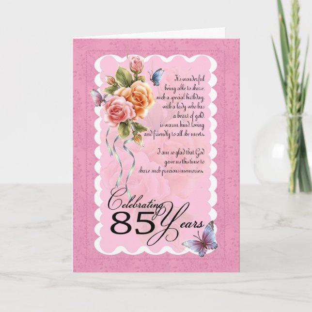 85th birthday greeting card - roses and butterfly (Front)