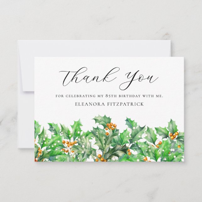 85th Birthday Holly December Birth Flower Custom Thank You Card (Front)