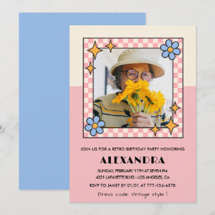 85th birthday invitation Retro Groovy Pink Flowers