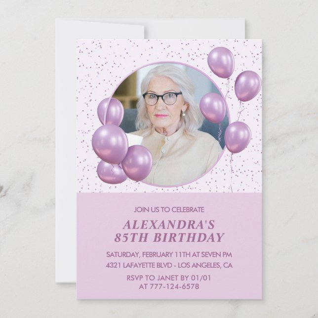 85th birthday invitations Balloons Photo Purple (Front)
