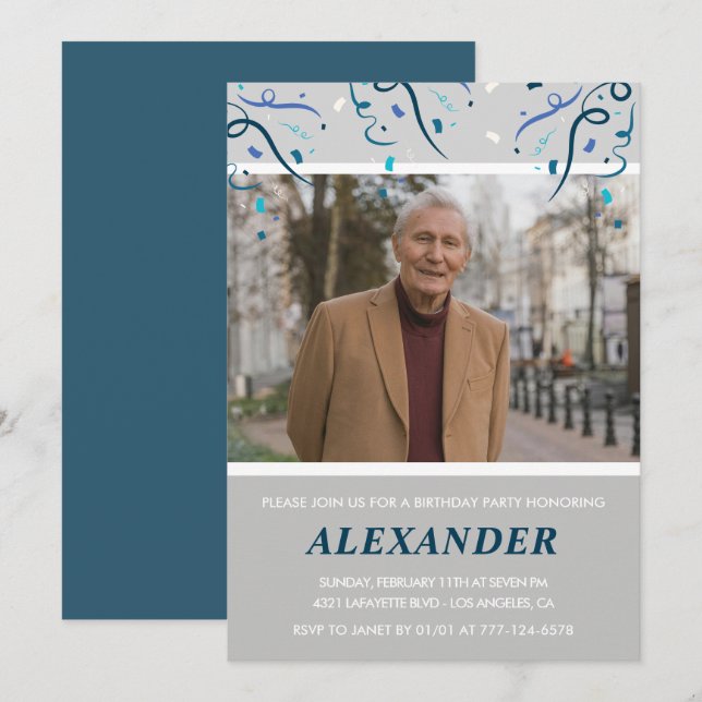 85th birthday invitations Men Confetti Photo Navy (Front/Back)