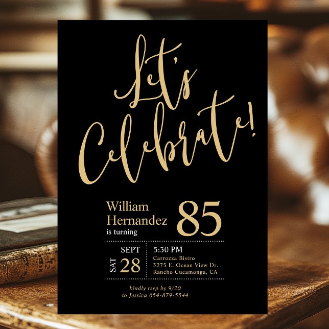 85th Birthday Let's Celebrate Black Gold Photo Invitation (Creator Uploaded)