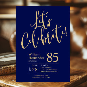 85th Birthday Let's Celebrate Navy Blue Gold Photo Invitation