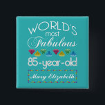 85th Birthday Most Fabulous Colourful Gem 15 Cm Square Badge<br><div class="desc">Celebrate the milestone birthday of your favourite senior citizen with this fun gift reminding them of how fabulous they are. White and grey lettering on deep turquoise background. Colourful diamond-cut gems in rainbow tones serve as accent. Customise with names, initials or other text. This series is in increments of 5...</div>