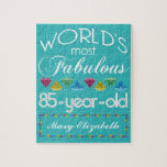 85th Birthday Most Fabulous Colourful Gem Jigsaw Puzzle<br><div class="desc">Celebrate the milestone birthday of your favourite senior citizen with this fun gift reminding them of how fabulous they are. White and grey lettering on deep turquoise background. Colourful diamond-cut gems in rainbow tones serve as accent. Customise with names, initials or other text. This series is in increments of 5...</div>