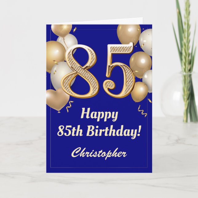 85th Birthday Navy Blue and Gold Balloons Confetti Card (Front)