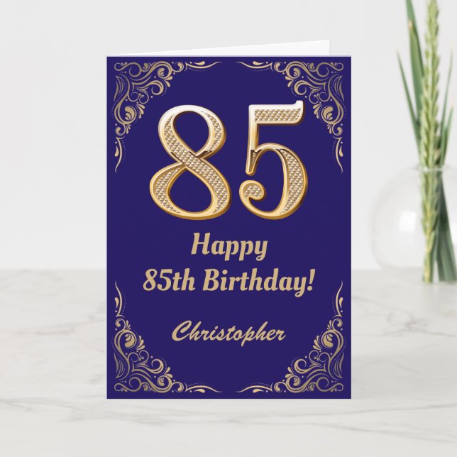 85th Birthday Navy Blue and Gold Glitter Frame Card (Front)