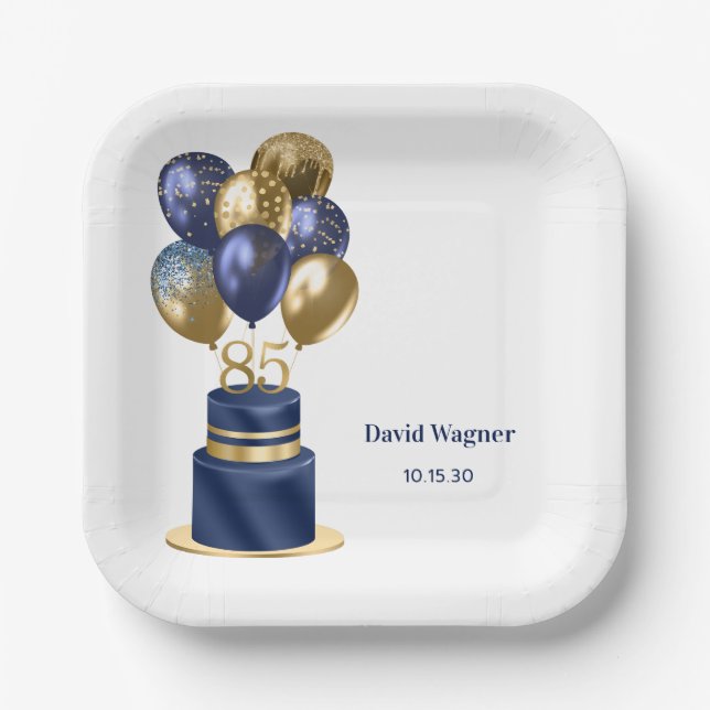 85th Birthday Navy Blue Cake Paper Plate (Front)