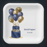 85th Birthday Navy Blue Cake Paper Plate<br><div class="desc">These modern 85th birthday party square 9" paper plates featuring a 2-layer navy blue and gold cake with navy blue and gold balloons, the number 85 in gold and the guest of honour's name and the party date would be perfect for celebrating your husband, brother, dad, uncle, grandfather, great grandfather,...</div>