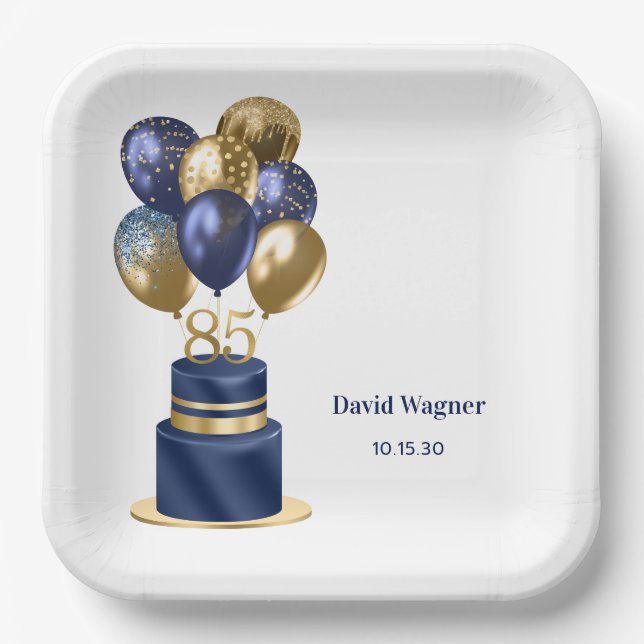 85th Birthday Navy Blue Cake Paper Plate (Front)