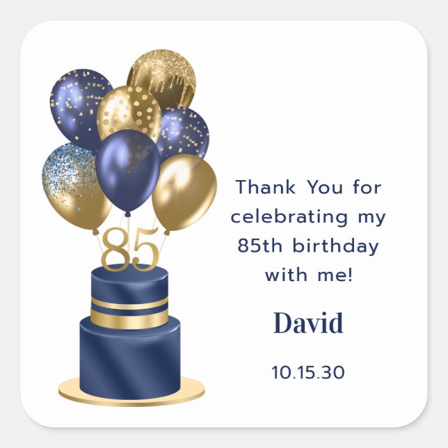 85th Birthday Navy Blue Cake Thank You Square Sticker (Front)
