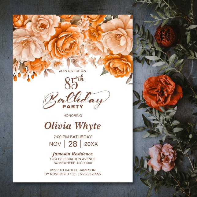 85th Birthday Orange Rose Floral Party Invitation (Creator Uploaded)