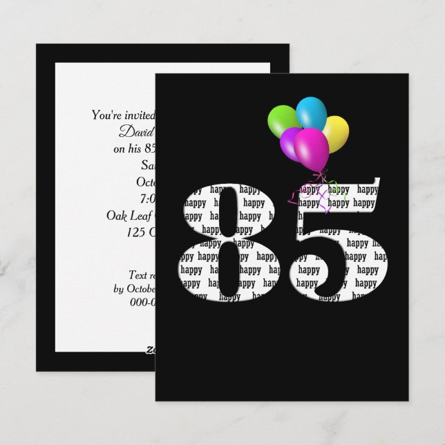 85th Birthday Party Balloons On Black Holiday Card (Front/Back)