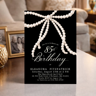 85th Birthday Party Black White Coquette Pearl Bow Invitation