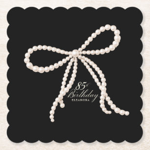 85th Birthday Party Black White Pearl Bow Custom Paper Coaster