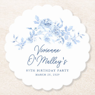 85th Birthday Party Blue Rose Floral Custom Paper Coaster
