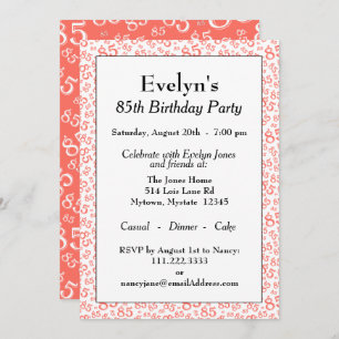 85th Birthday Party Coral and White Number Pattern Invitation