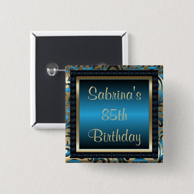 85th Birthday Party | DIY Text | Blue and Gold 15 Cm Square Badge (Front & Back)