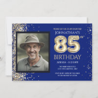 85th Birthday Party Gold Glitter Blue Photo Invita