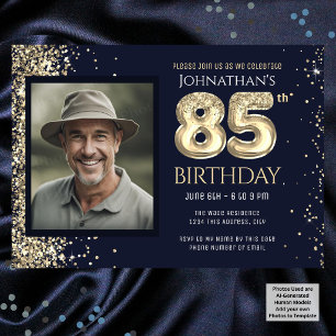 85th Birthday Party Gold Glitter Blue Photo Invitation