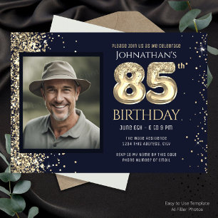 85th Birthday Party Gold Glitter Blue Photo Invitation
