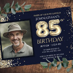 85th Birthday Party Gold Glitter Blue Photo Invitation<br><div class="desc">Elegant Faux gold border with shimmering confetti highlights on the top border. All text is adjustable and easy to change for your own party needs. Great elegant 85th birthday template design. faux glitter</div>