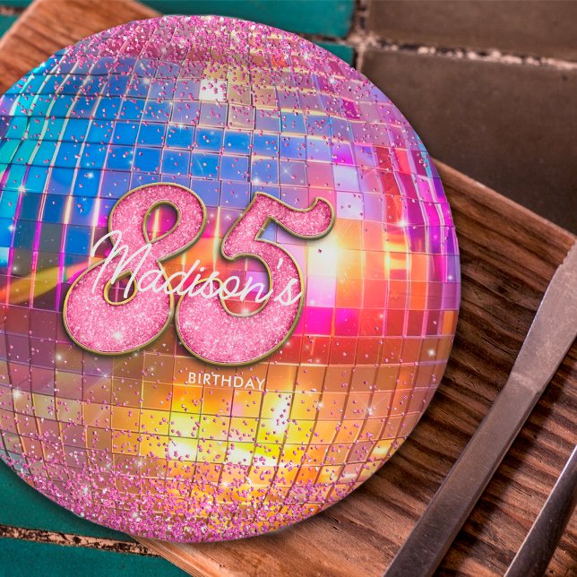 85th Birthday Party Gold Pink Glitter Disco Ball Paper Plate (Creator Uploaded)