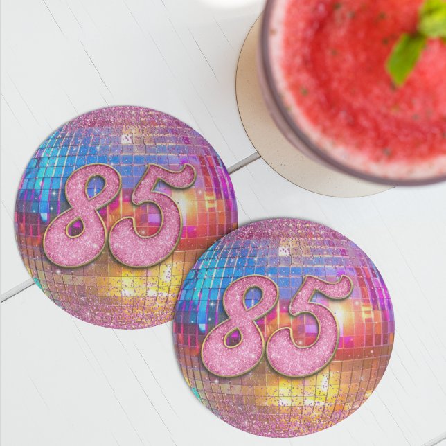 85th Birthday Party Gold Pink Glitter Disco Ball Round Paper Coaster (Creator Uploaded)