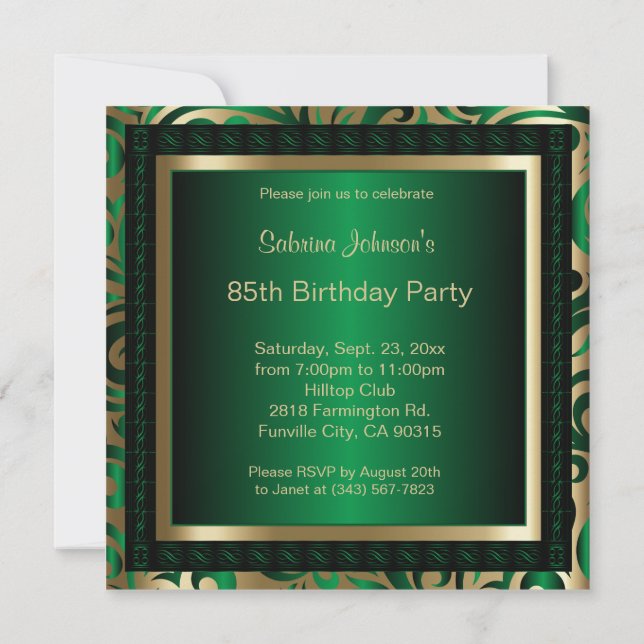 85th Birthday Party | Green Metallic & Gold Invitation (Back)