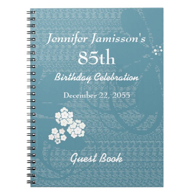 85th Birthday Party Guest Book Blue Floral Spiral (Front)