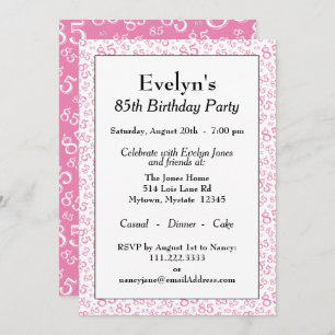 85th Birthday Party Pink and White Number Pattern Invitation