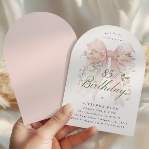 85th Birthday Party Pink Bow Rose Floral Arch Invitation