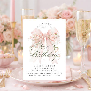 85th Birthday Party Pink Coquette Bow Rose Floral Invitation