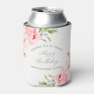 85TH Birthday Party Pink Floral Custom Can Cooler