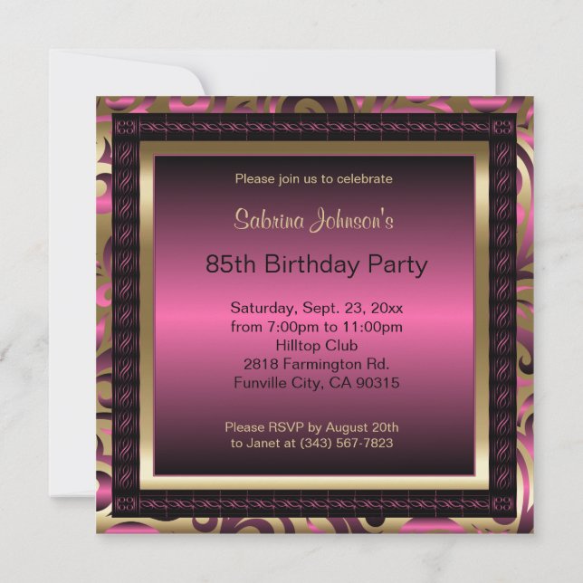 85th Birthday Party | Pink Metallic & Gold Invitation (Back)