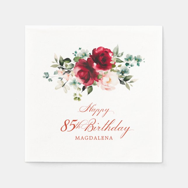 85th Birthday Party Pink Red Floral Custom Napkin (Front)