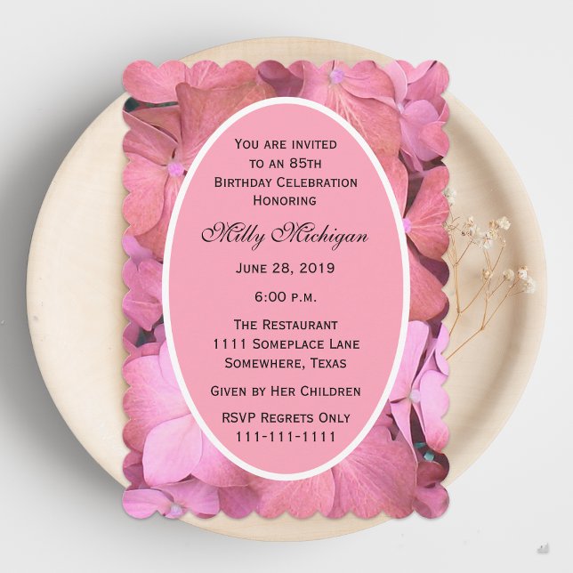 85th Birthday Party Pink Scalloped Hydrangeas Invitation (Creator Uploaded)