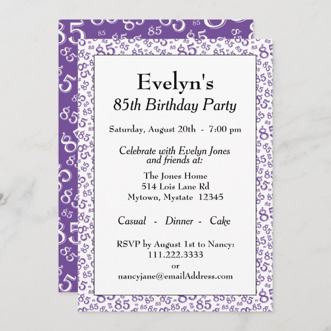85th Birthday Party Purple Number Pattern Invitation (Front/Back)