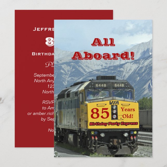 85th Birthday Party Railroad Train Engine Invitation (Front/Back)