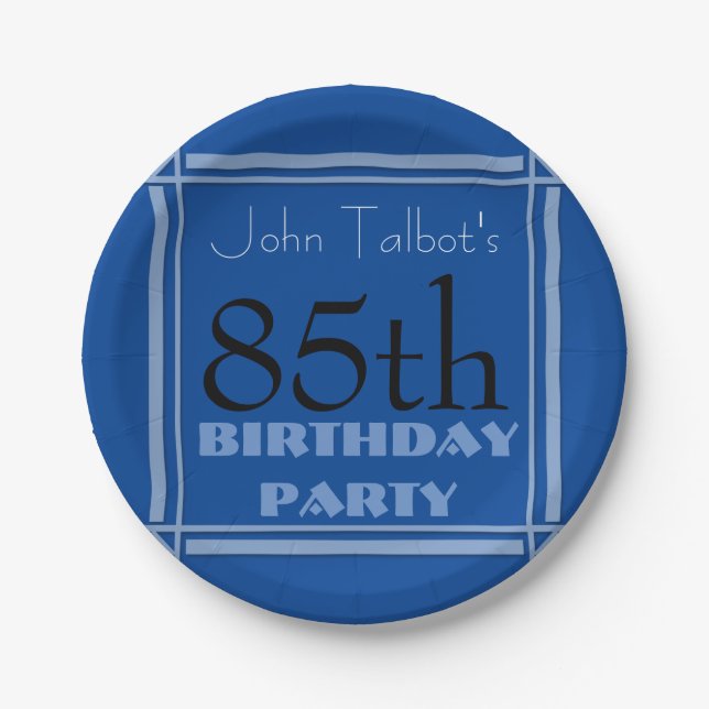 85th birthday Party Retro Frame Blue paper Plates (Front)