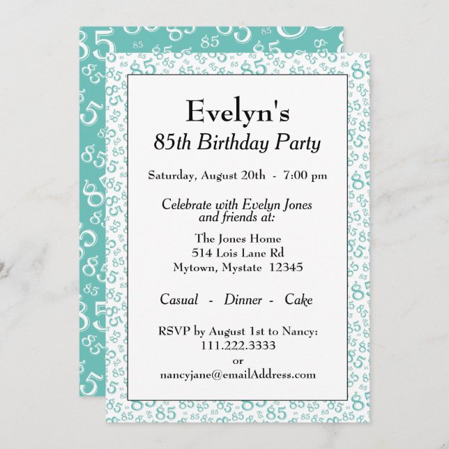 85th Birthday Party Teal and White Number Pattern Invitation (Front/Back)