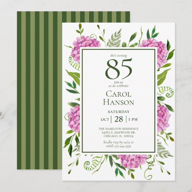 85th Birthday Pink Hydrangeas Invitation (Front/Back)