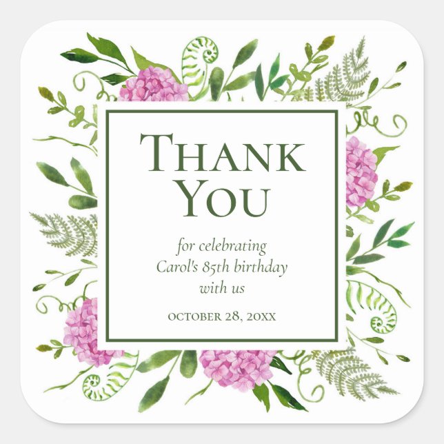 85th Birthday Pink Hydrangeas Thank You Sticker (Front)