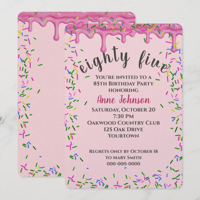 85th Birthday Pink Icing And Sprinkles Invitation (Front/Back)
