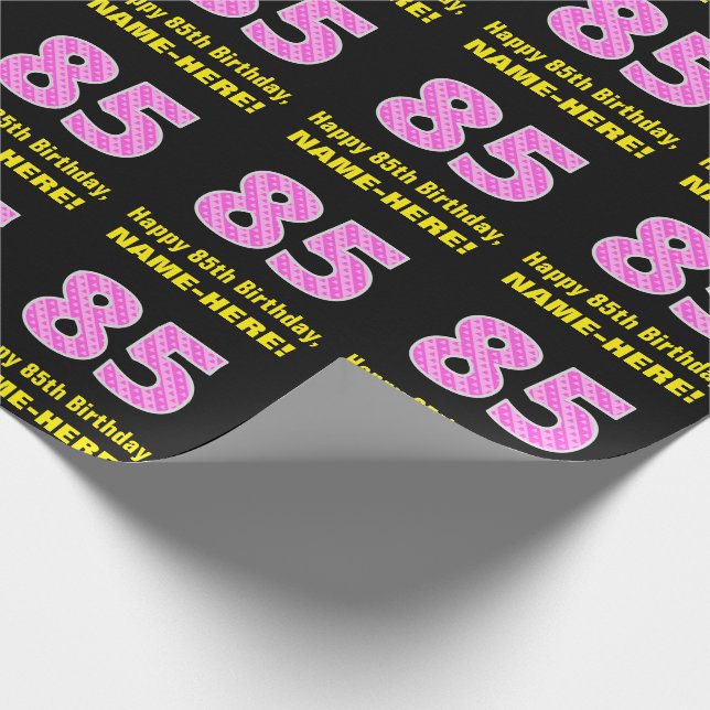 85th Birthday: Pink Stripes and Hearts "85" + Name Wrapping Paper (Corner)