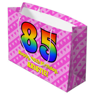 85th Birthday: Pink Stripes & Hearts, Rainbow # 85 Large Gift Bag