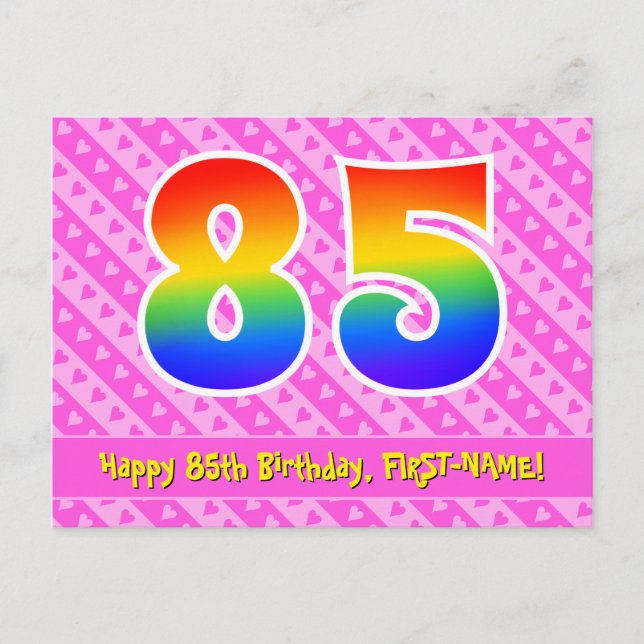 85th Birthday: Pink Stripes & Hearts, Rainbow 85 Postcard (Front)