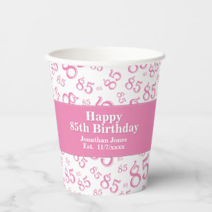 85th Birthday Pink/White Random Number Pattern 85 Paper Cups