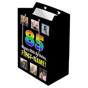 85th Birthday: Rainbow “85“, Custom Photos & Name Medium Gift Bag